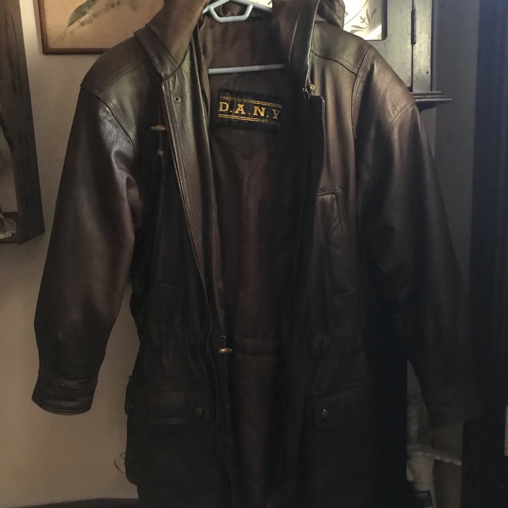 Brown leather hooded coat